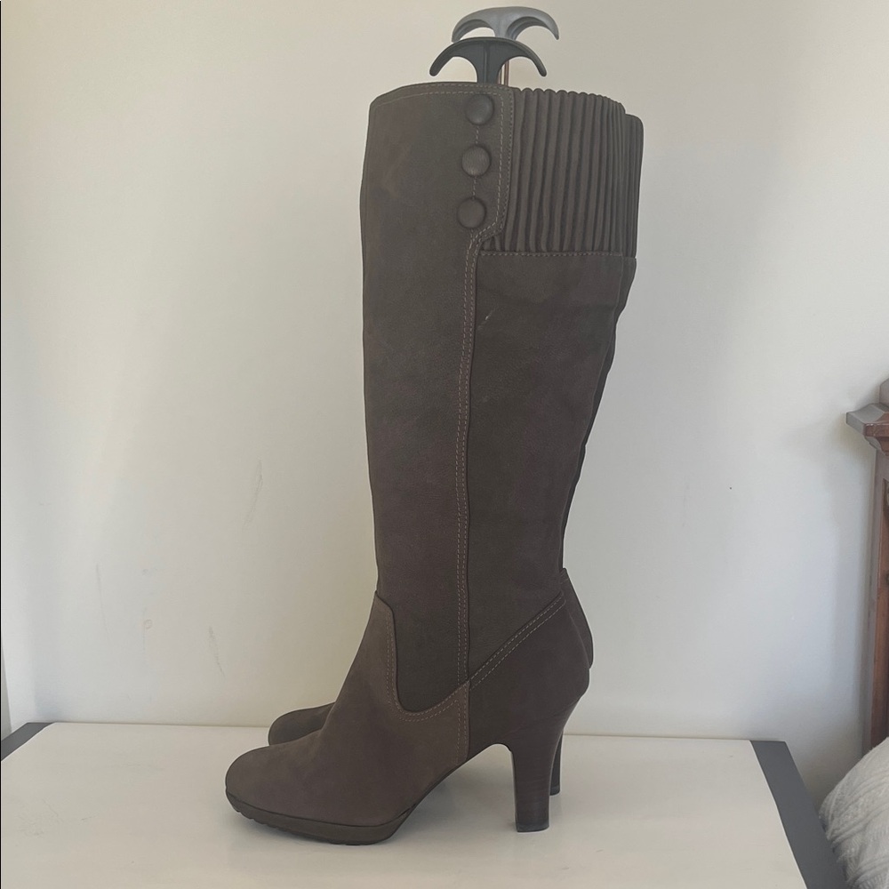Sofft Suede Brown Grey Tall Boots. Rugged platform soles, Fits wide/regular calf